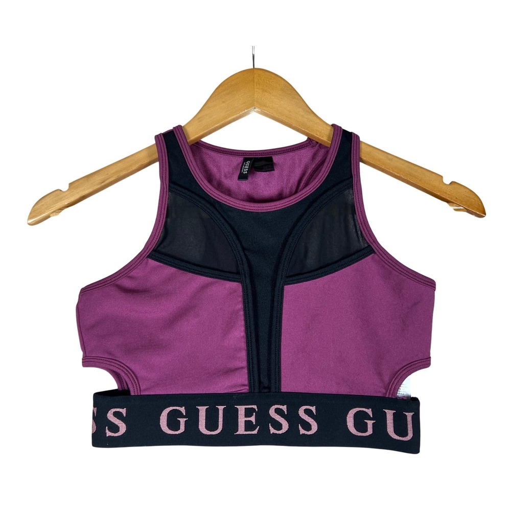 GUESS Active Sports Bra‎ Small Burgundy Top Racerback Mesh Panel Cutout Detail